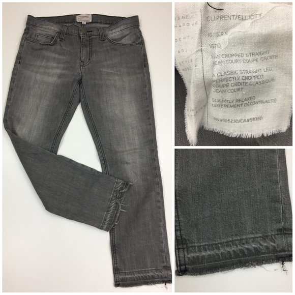 CURRENT ELLIOTT Gray The Cropped Straight Relaxed Raw Edge Hem Jeans - Picture 1 of 12
